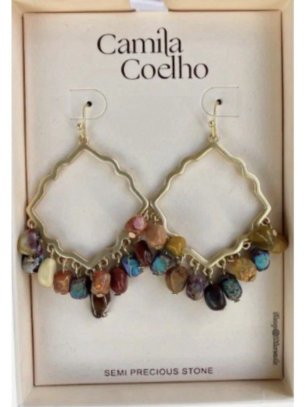 Camila Coelho Semi Precious Stone Drop Earrings Gold Boho Moroccan Quatrefoil